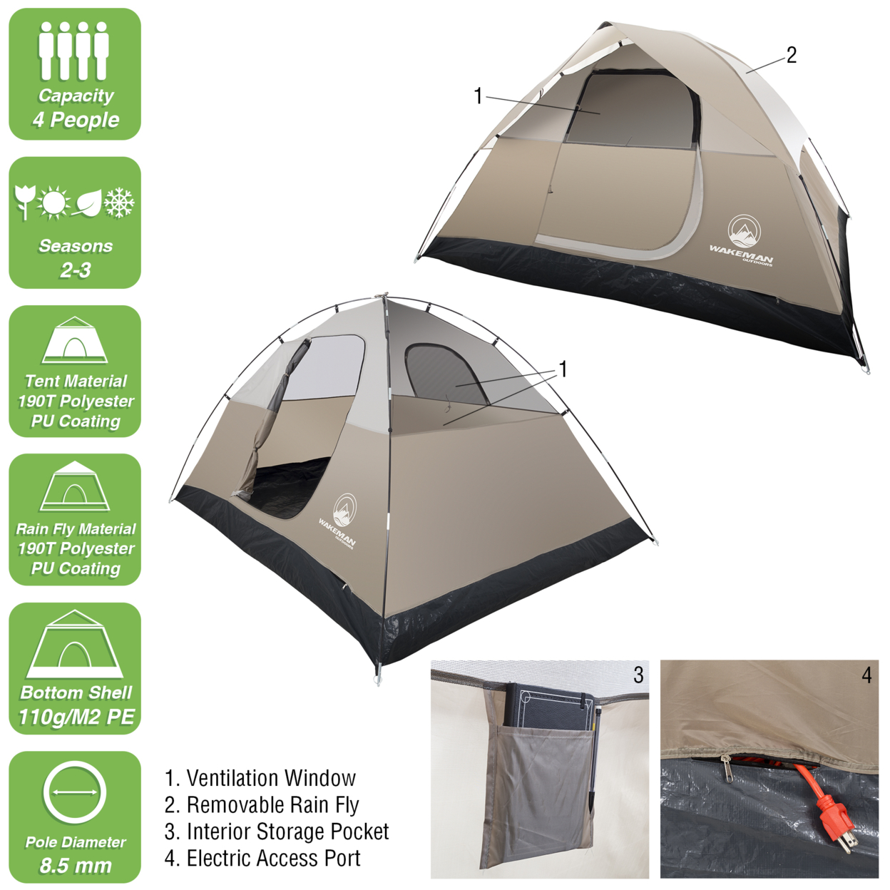 4-Person Tent, Water Resistant Dome Tent For Camping With Removable Rain Fly And Carry Bag, Rebel Bay 4 Person Tent (Tan)