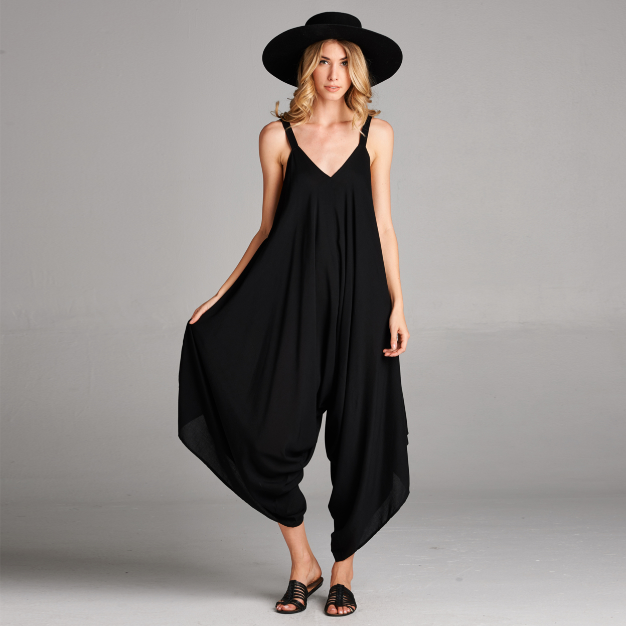 V-Neck Jumpsuit With Pockets - Black, Small (4-8)