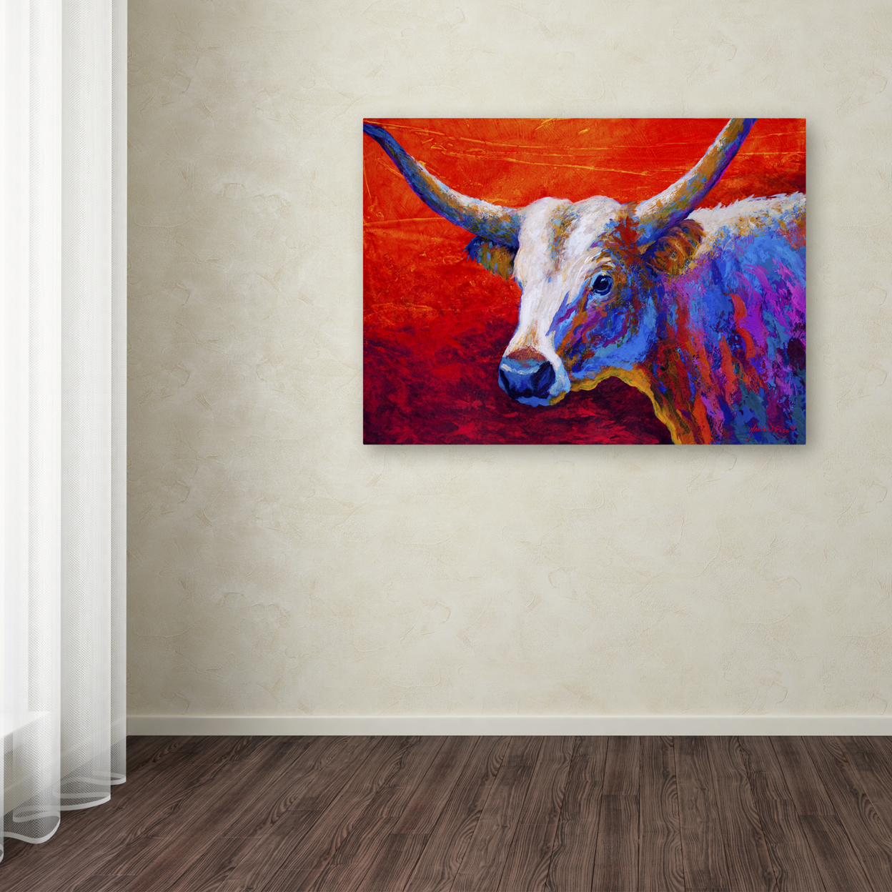 Marion Rose 'Sunset Ablaze Longhorn' Ready To Hang Canvas Art 35 X 47 Inches Made In USA