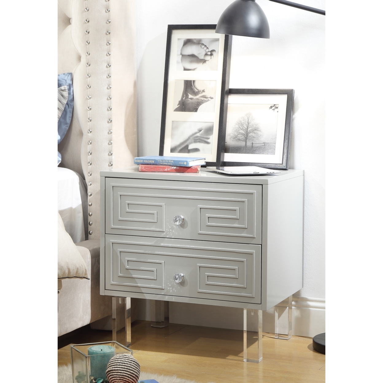Lottie Glossy Nightstand-Lacquer Finish-Side Table-Acrylic Lucite Legs-Modern & Functional By Inspired Home - Light Grey