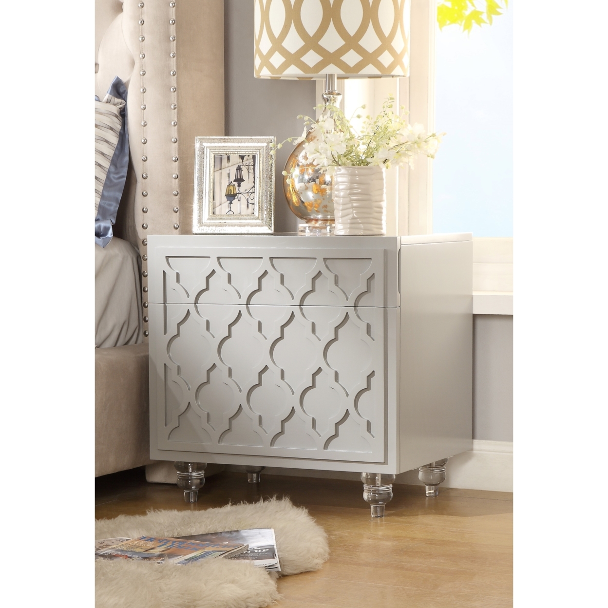 Wilma Glossy Nightstand-Lacquer Finish-Side Table-Acrylic Lucite Legs-Modern & Functional By Inspired Home - White