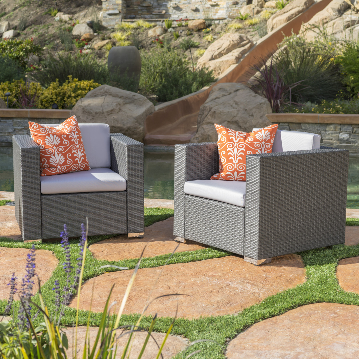 Verin Outdoor Grey Wicker Club Chair With Silver Water Resistant Fabric Cushions (Set Of 2)