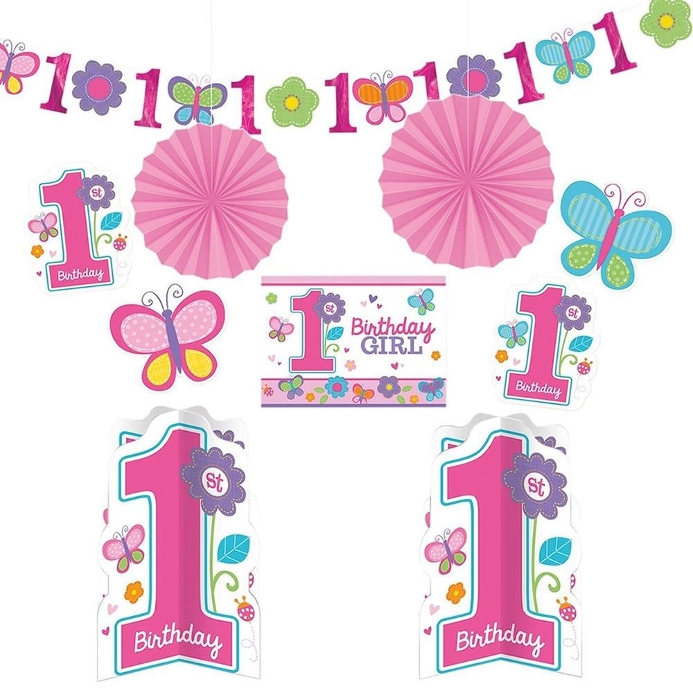 Girl's 1st Birthday Party 8 Piece Decorating Kit Flowers And Butterflies Decor Amscan