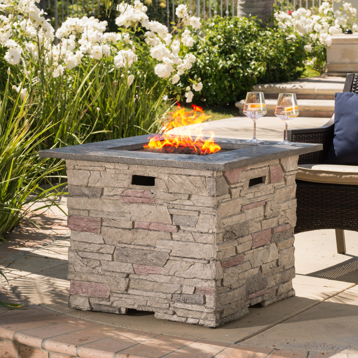 Heritage 32 Stone Square Fire Pit With Counter Top - Gray