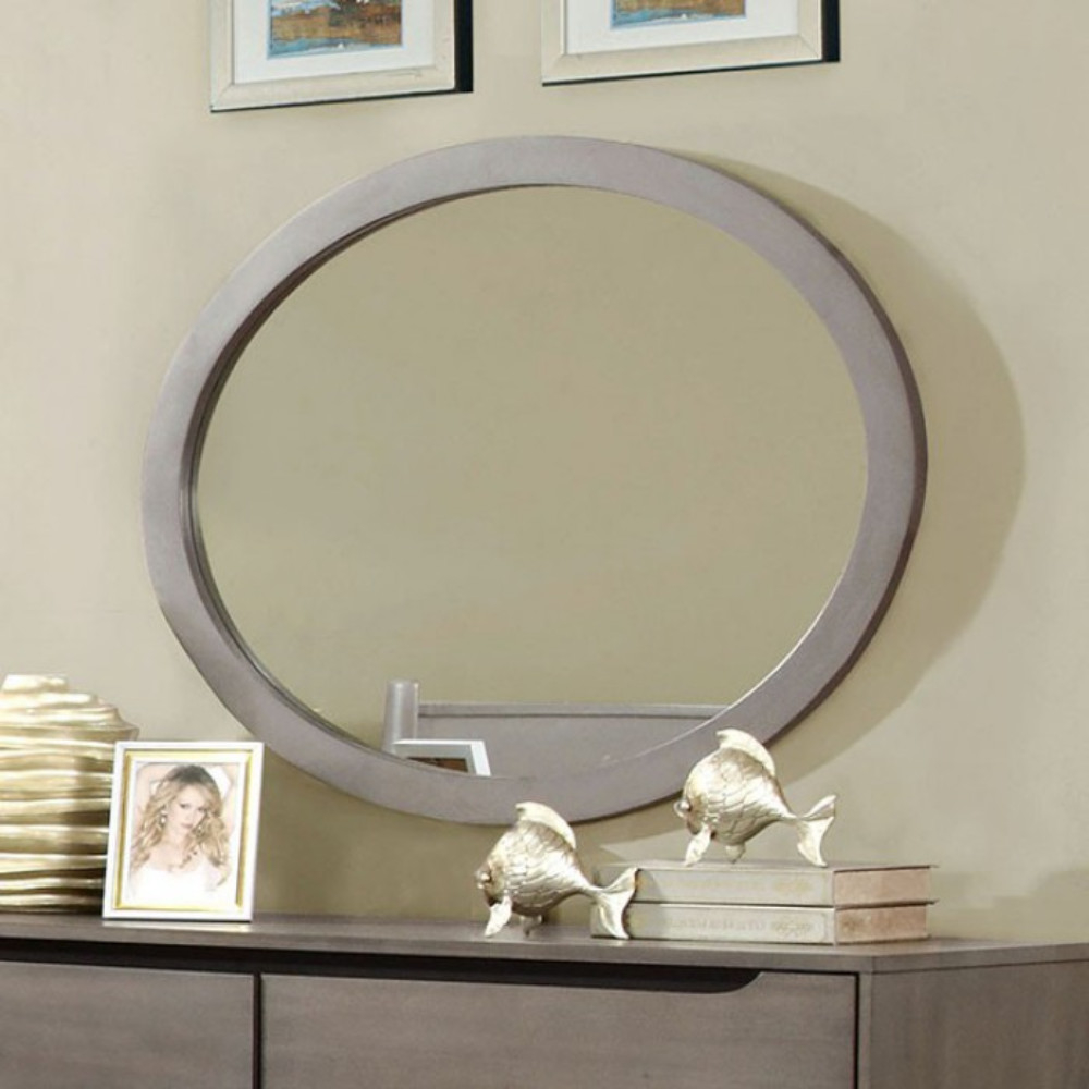 Chic Wooden Oval Mirror, Gray- Saltoro Sherpi
