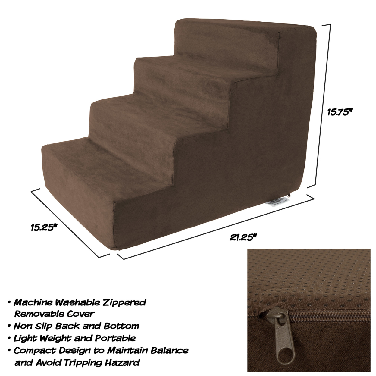 4 Steps High Density Foam Pet Stairs Removable Washable Zipper Cover 15 Inches High Small Dogs Cats Brown