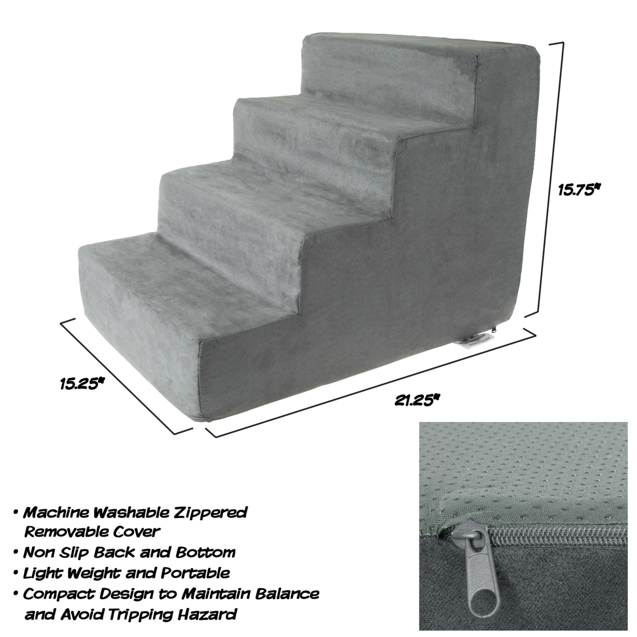 4 Steps High Density Foam Pet Stairs Removable Washable Zipper Cover 15 Inches High Small Dogs Cats Gray