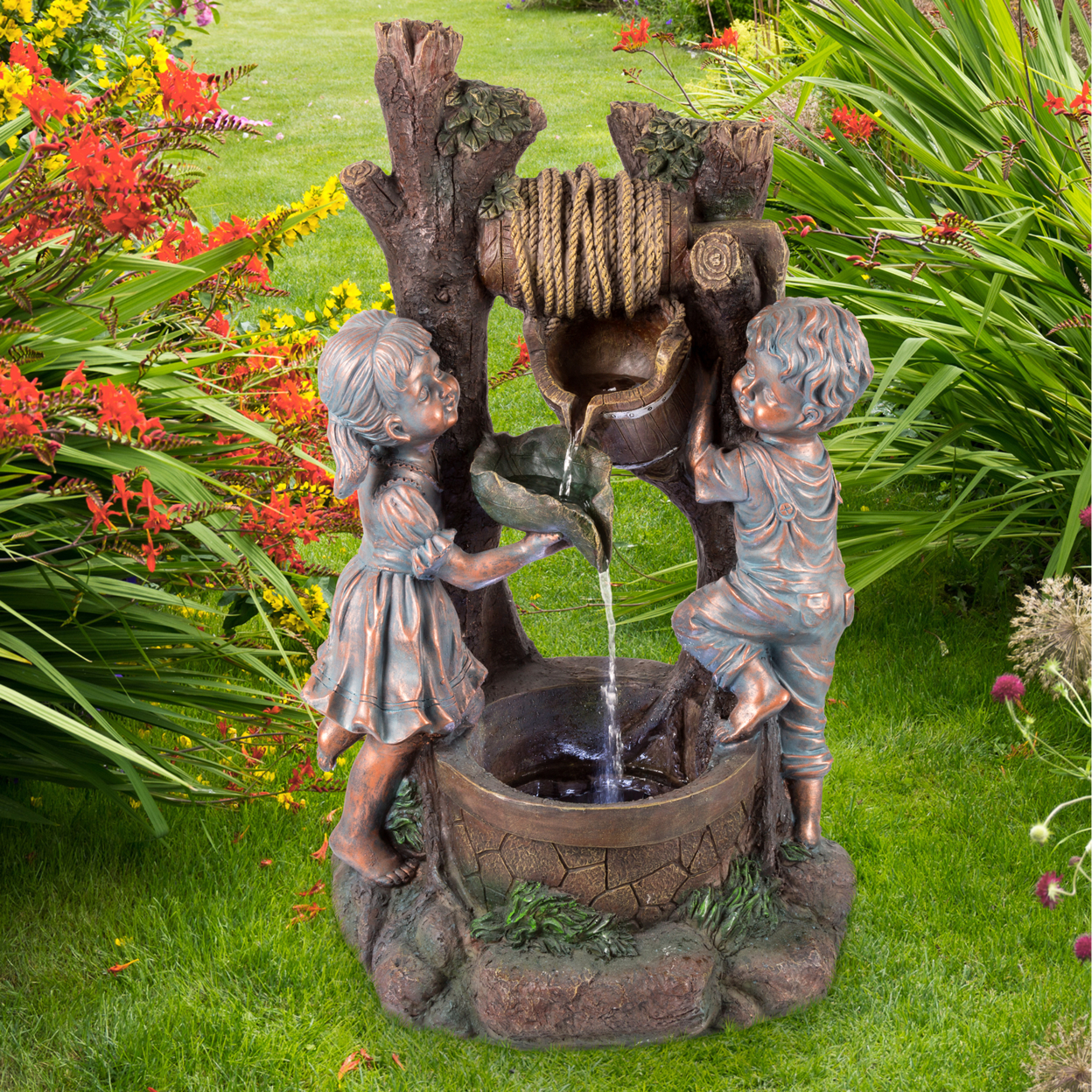 Children At The Well Water Fountain With LED Lights- Lighted Outdoor Fountain With Antique Design For DÃ©cor On Patio
