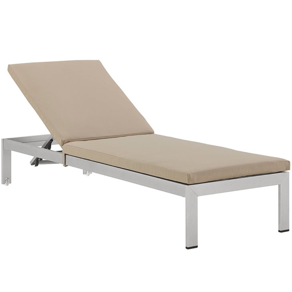 Shore Outdoor Patio Aluminum Chaise With Cushions, Silver Beige