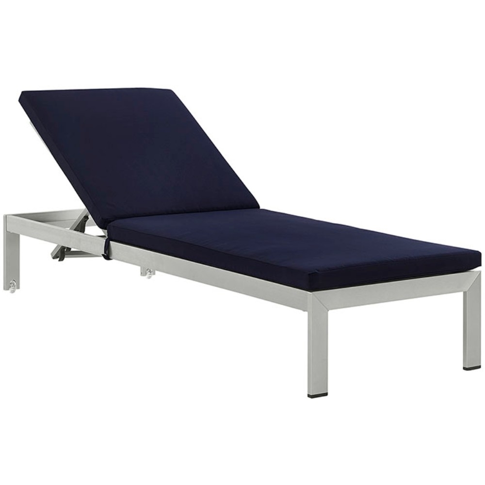 Shore Outdoor Patio Aluminum Chaise With Cushions, Silver Navy