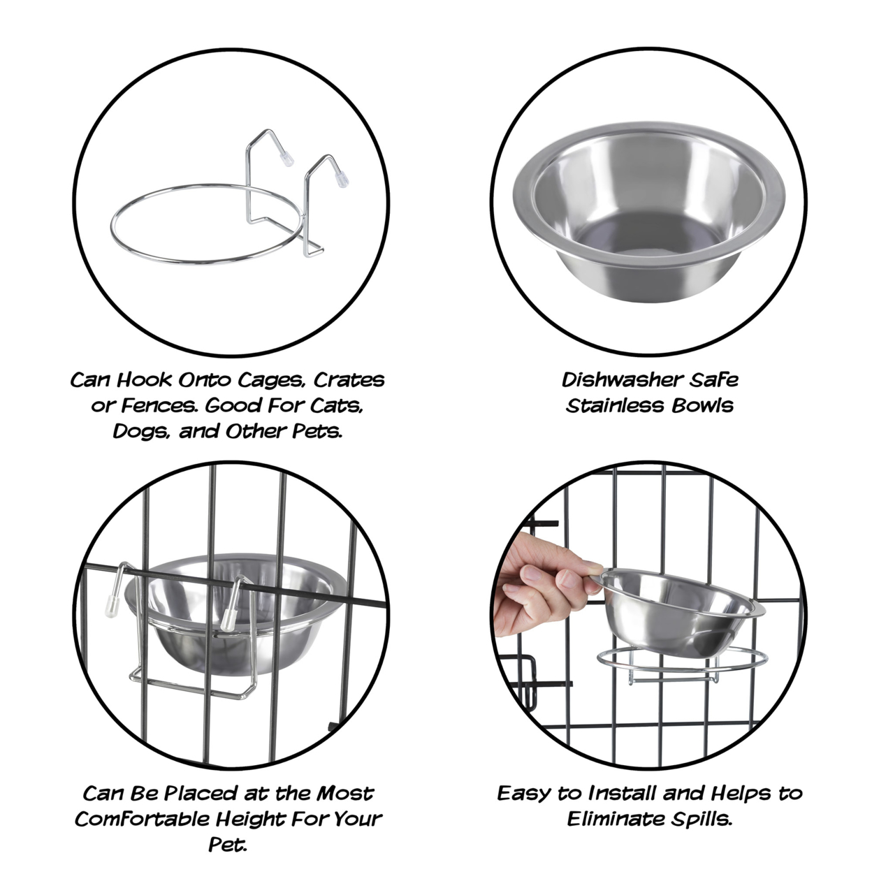 2 Stainless Steel Hanging Pet Bowls For Dogs And Cats- Cage, Kennel, And Crate Feeder Dish For Food And Water 8 OZ