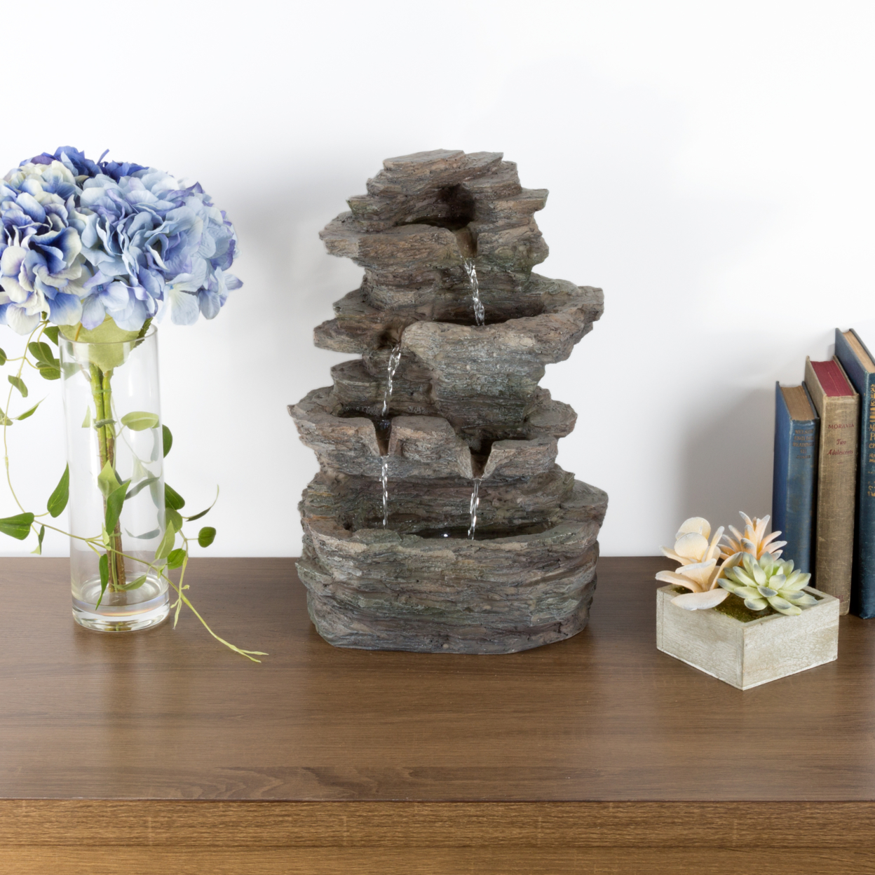 Tabletop Water Fountain With Cascading Rock Waterfall And LED Lights - Tiered Stone