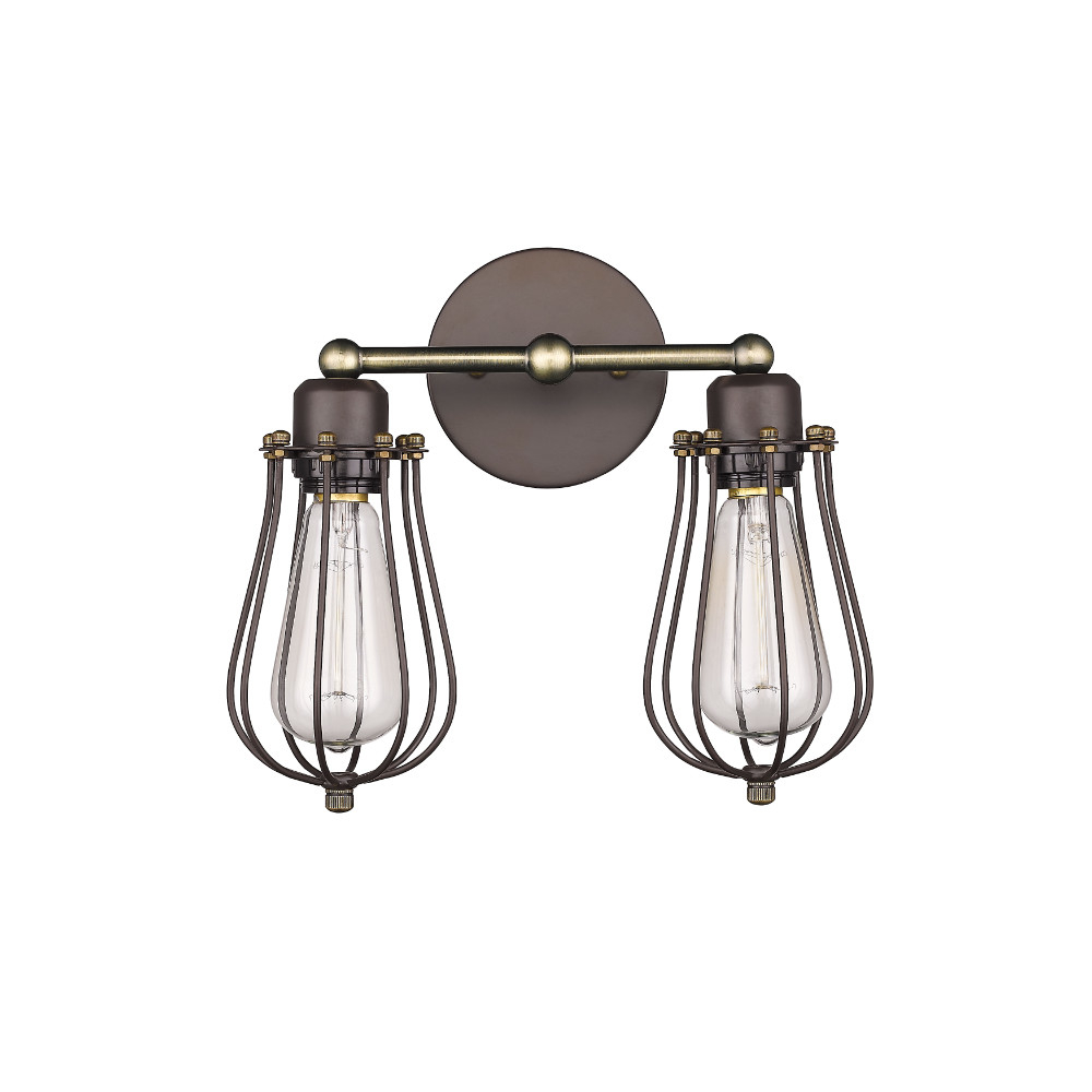 12 Inches 2 Light Metal Wall Sconce with Caged Shade, Bronze