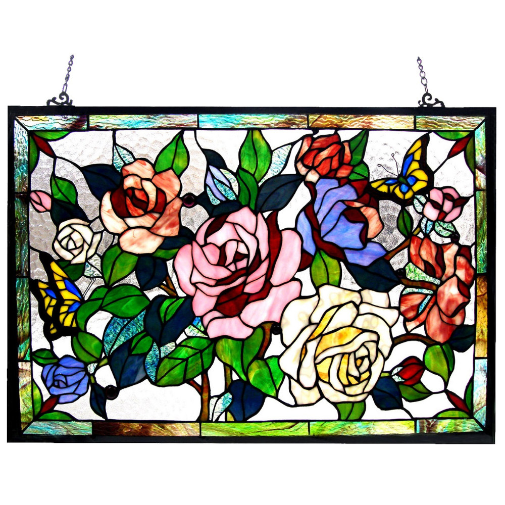 19 Inch Glass Window Panel with Rose Design, Multicolor