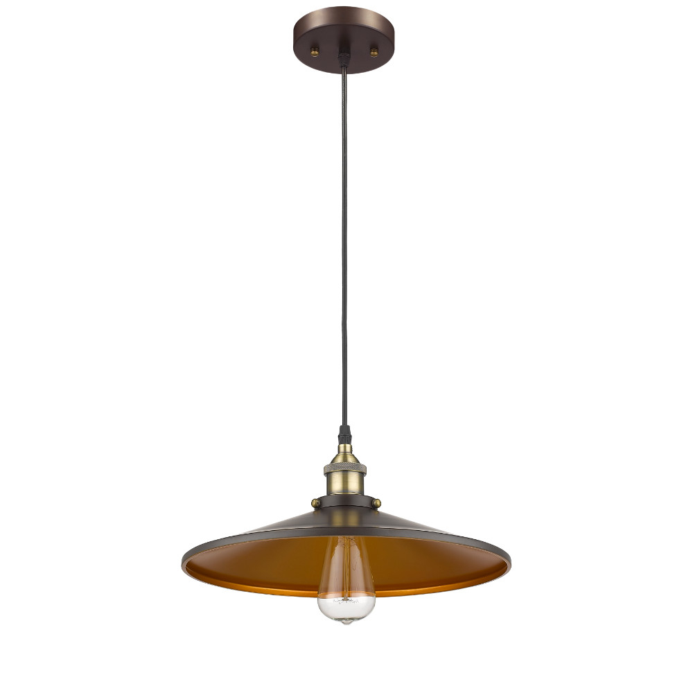 15 Inch Round Metal Shade Pendant Light with Edison Bulb, Bronze