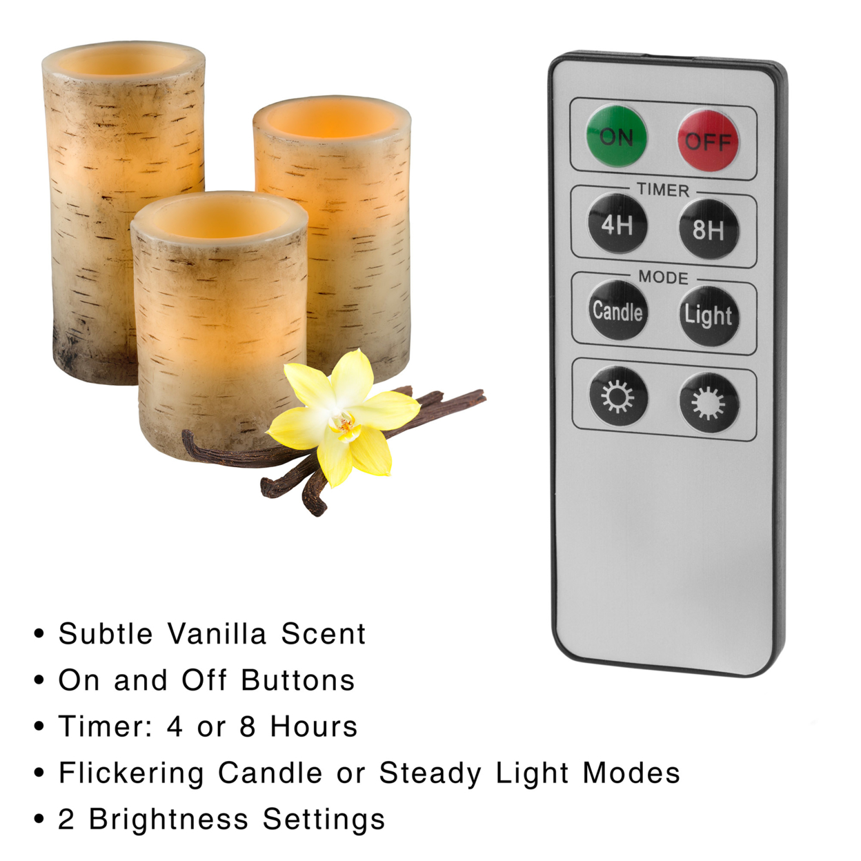 3 Pc Birch Bark Real Wax LED Flameless Flickering Candle Set W/ Remote And Timer