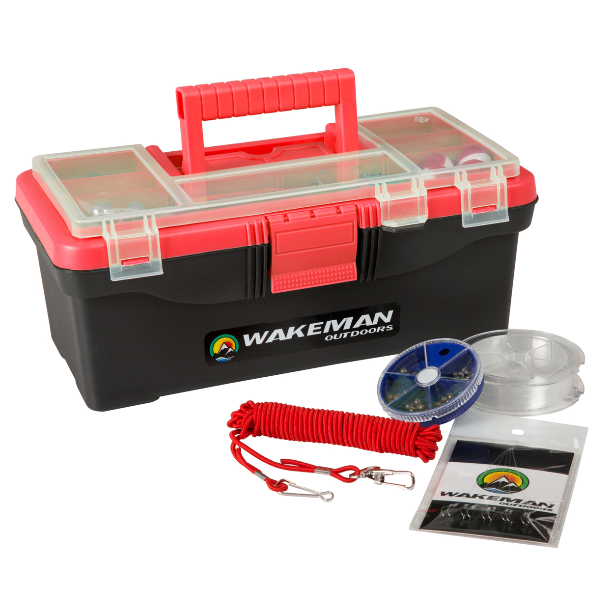 Red Fishing Tackle Box With Starter Kit 55 Pc Lures Line Stringer Swivels