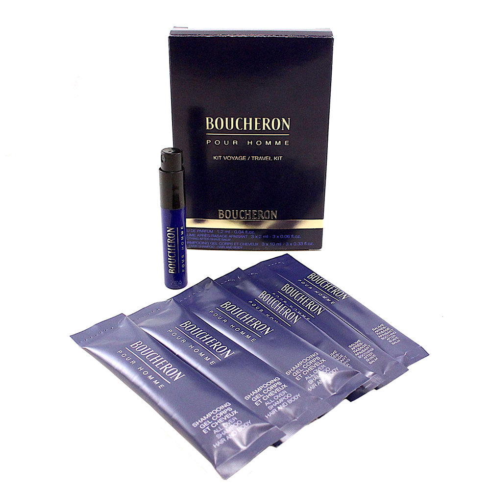 Boucheron 7 Pc.travel Kit( Eau De Parfum Spray 0.04 Oz + After Shave Balm 3x 0.06 Oz + All Over Shampoo 3x 0.33 Oz ) For Men