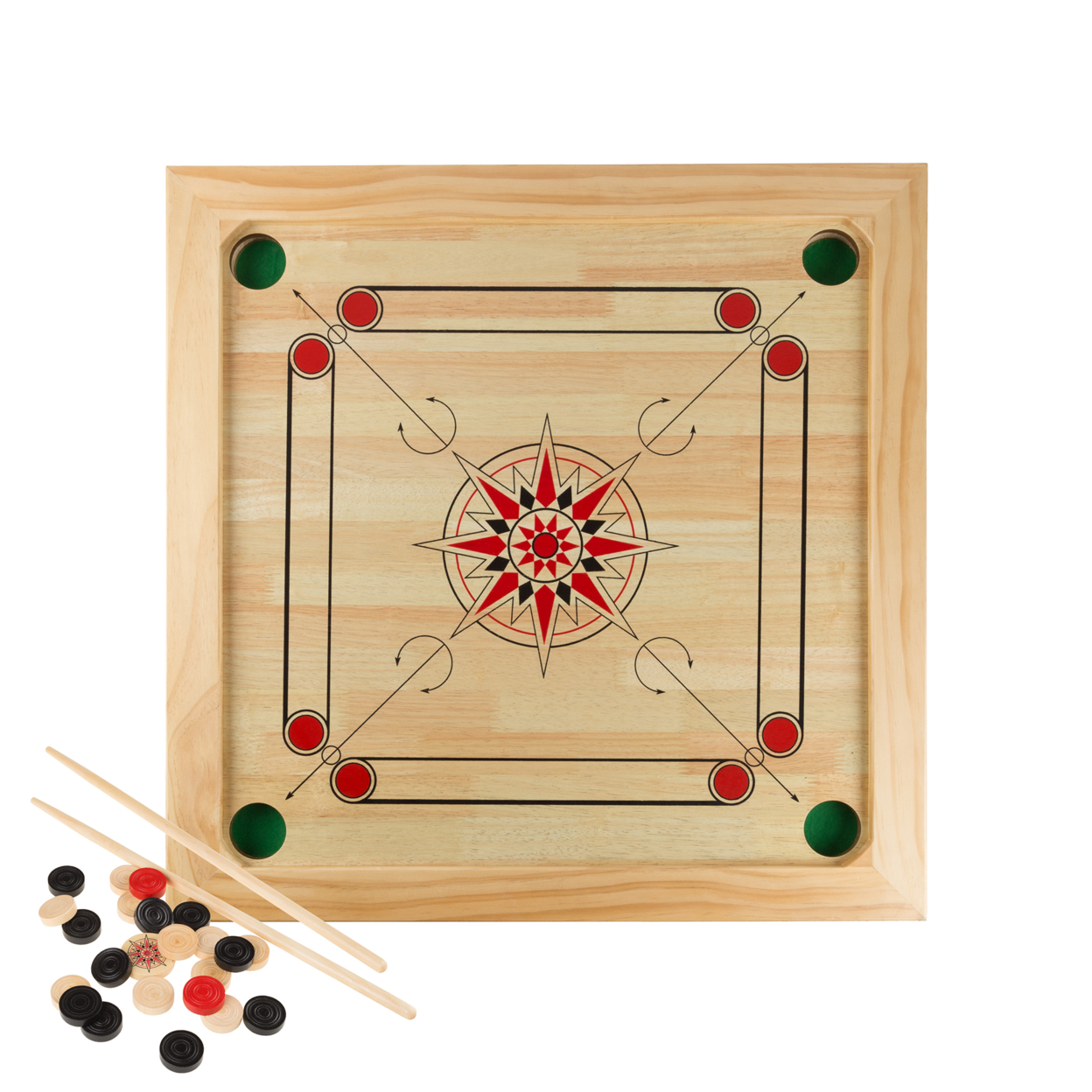 Carrom Board Game Classic Strike And Pocket Table Game With Cue Sticks, Like Table Shuffleboard Or Finger Billiards