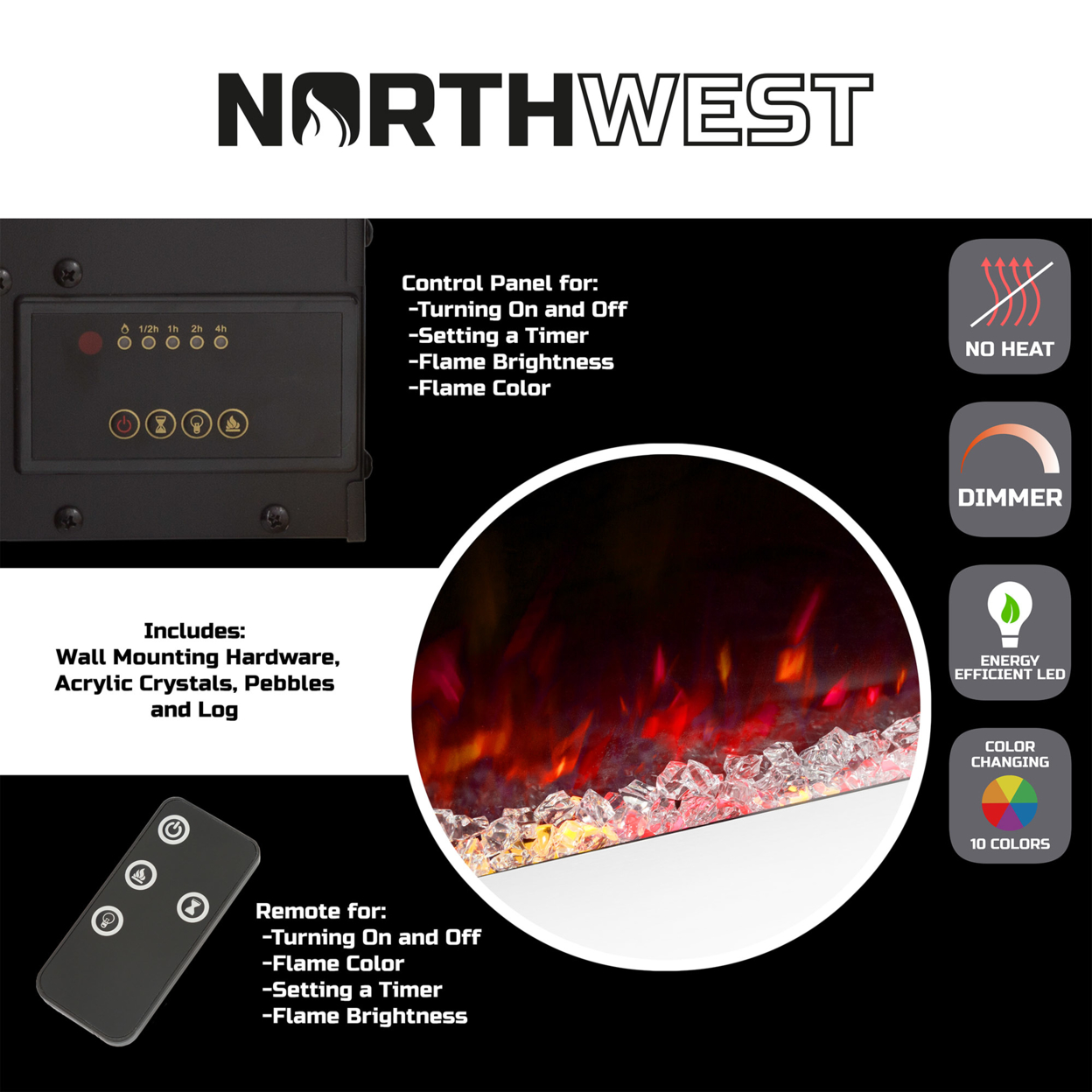 Electric No Heat White Fireplace Color Changing LED Wall Mount Remote Timer 54 Inch