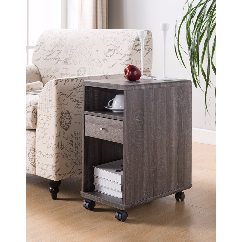 Elegant Chairside Table With Display Shelves And Drawer, Gray- Saltoro Sherpi