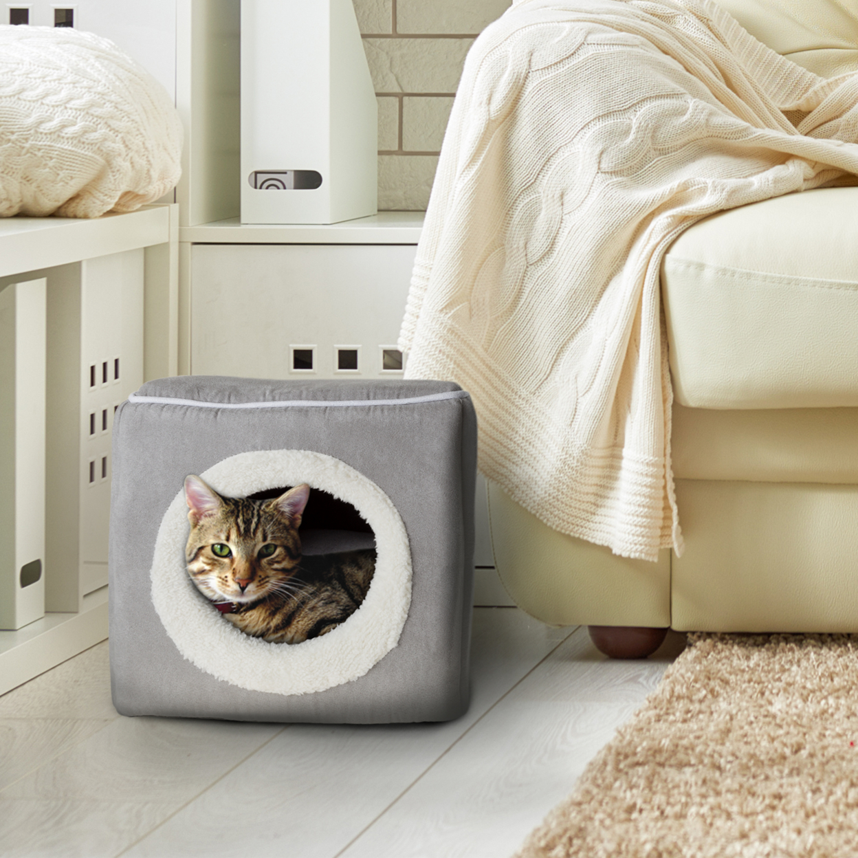 Gray Cat Cave Hide Out Cube Bed 13 X 12 Removable Pillow Makes Cat Feel Safe Cubby