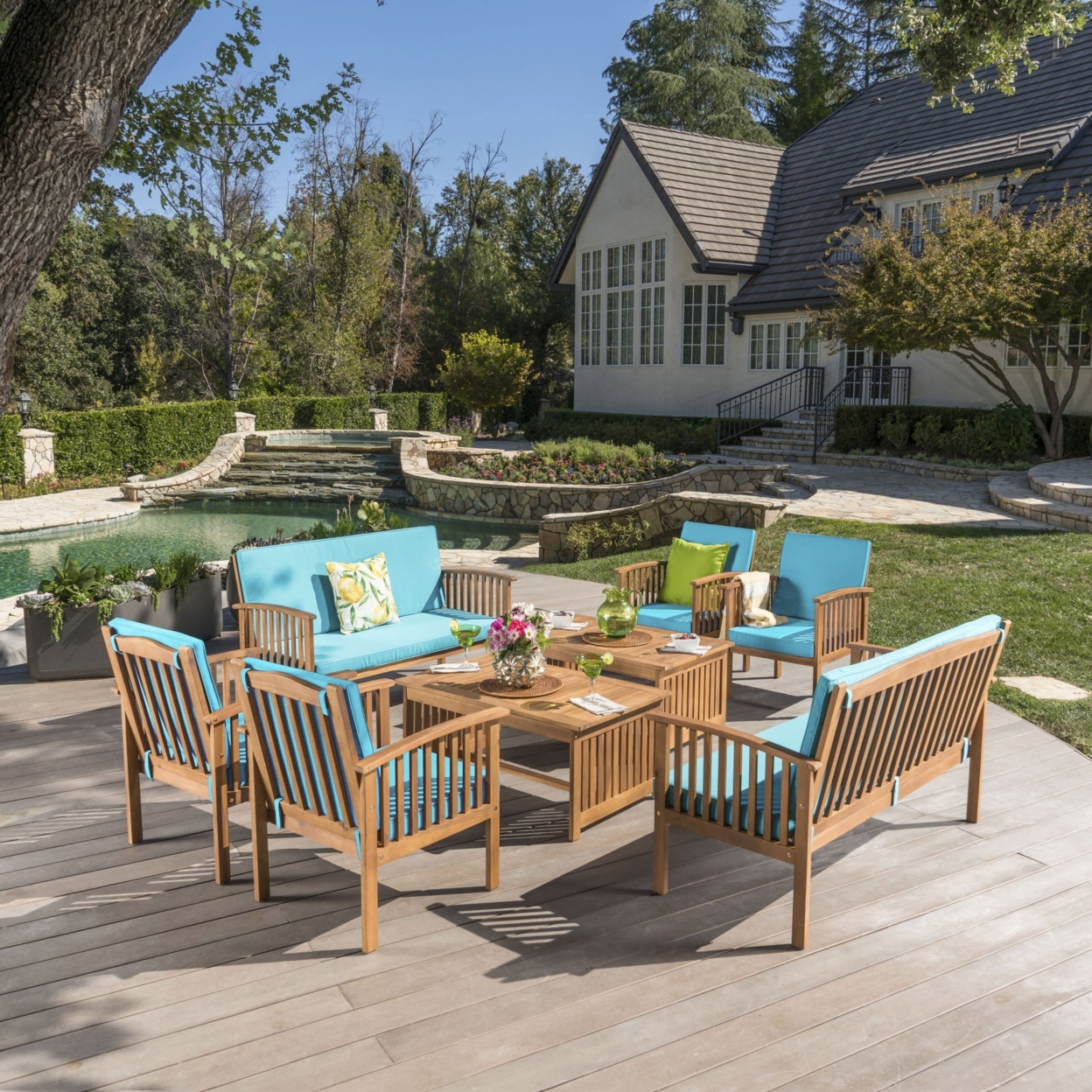 Cape Town Outdoor 8 Piece Acacia Wood Sofa Set With Water Resistant Cushions - Teal