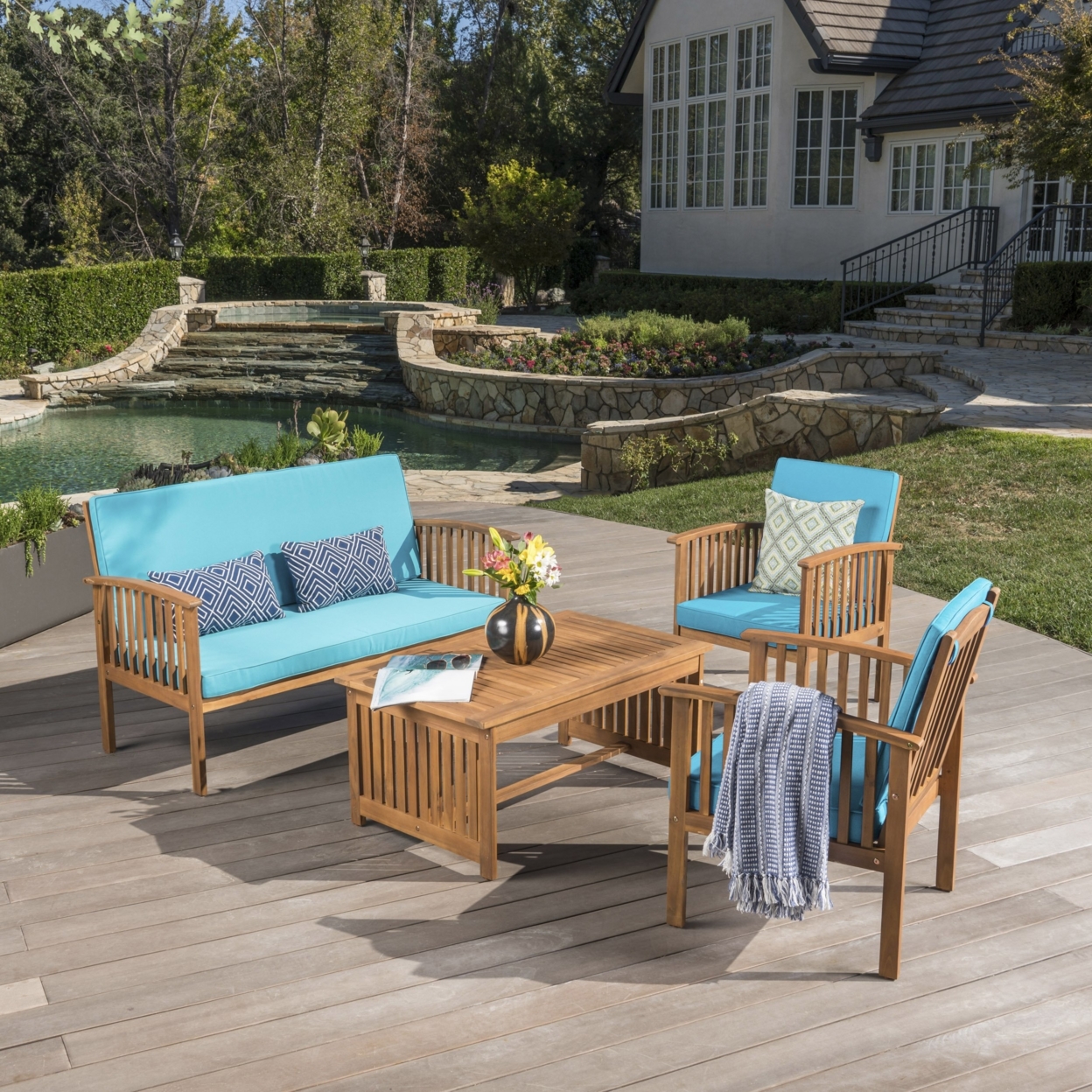 Cape Town Outdoor 4 Piece Acacia Wood Sofa Set With Water Resistant Cushions - Teal