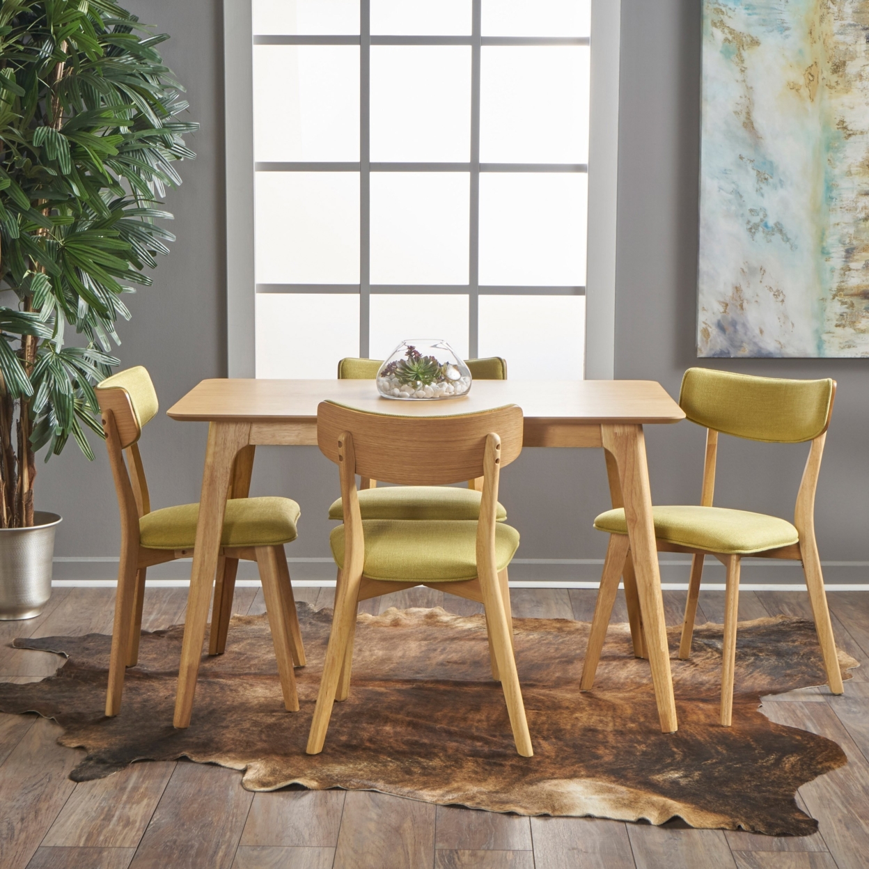 Meanda Mid Century Finished 5 Piece Wood Dining Set With Fabric Chairs - Light Beige