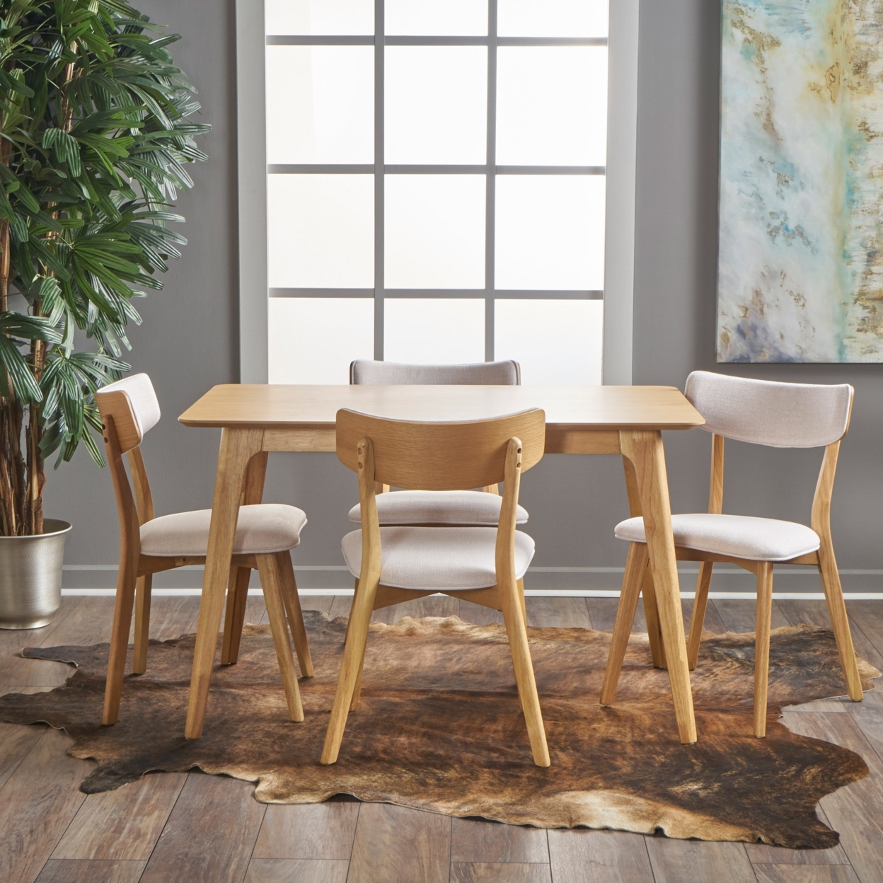 Meanda Mid Century Finished 5 Piece Wood Dining Set With Fabric Chairs - Light Beige