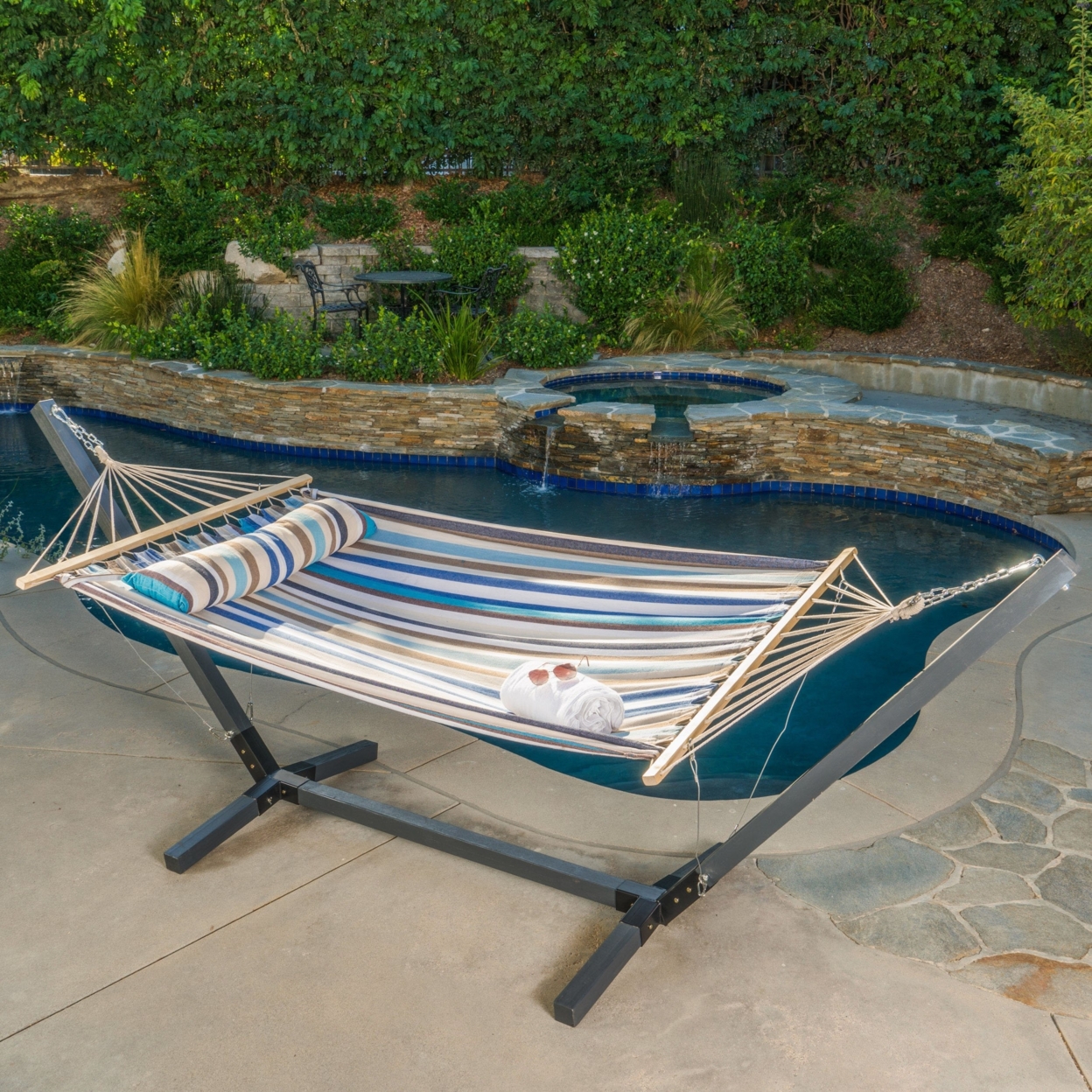 Weston Outdoor Water Resistant Hammock With Larch Wood Frame - Brown/blue/white Striped