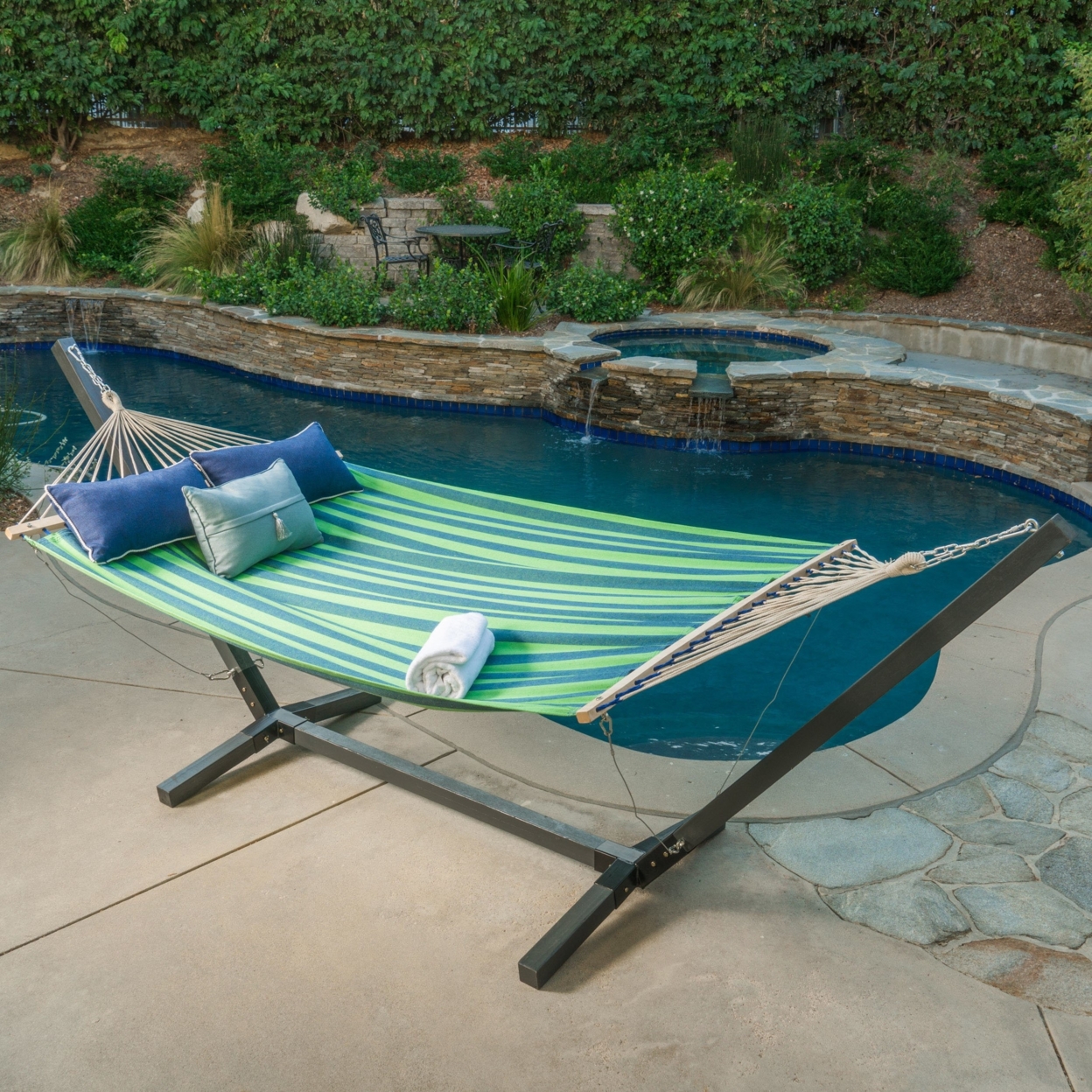 Weston Outdoor Water Resistant Hammock With Larch Wood Frame - Blue/green Striped