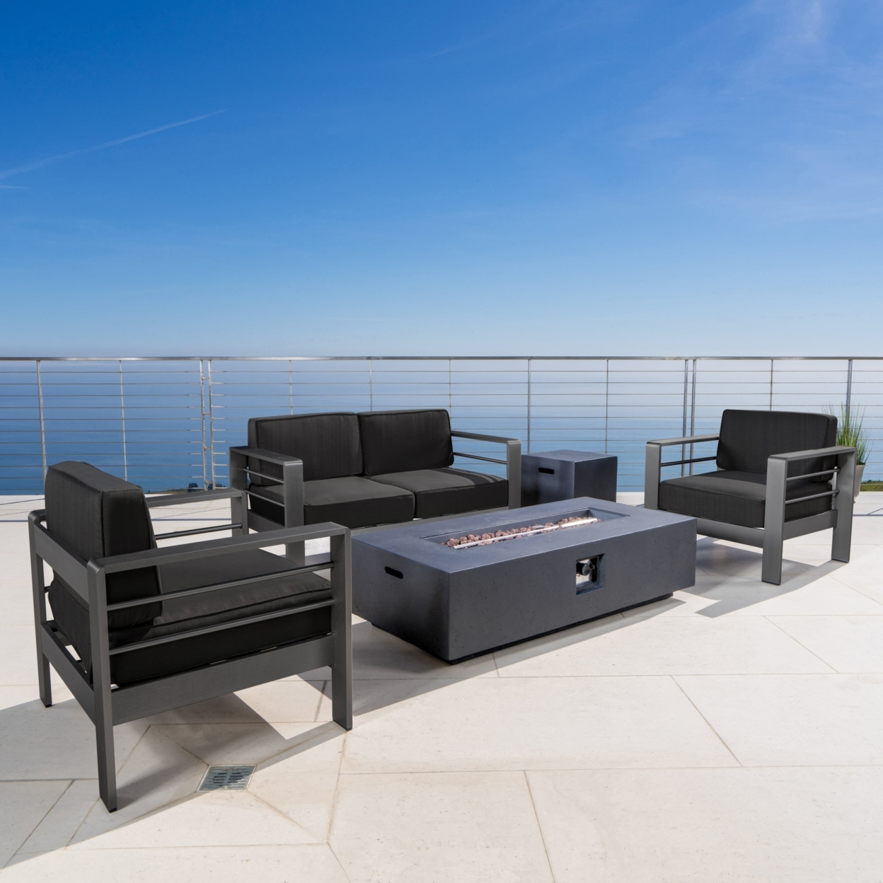 Coral Bay Outdoor Grey Aluminum 5 Piece Sofa Set With Rectangular Fire Table - Dark Grey