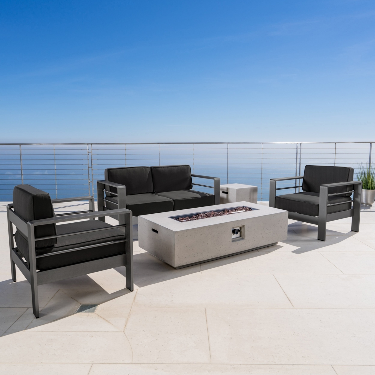Coral Bay Outdoor Grey Aluminum 5 Piece Sofa Set With Rectangular Fire Table - Light Grey