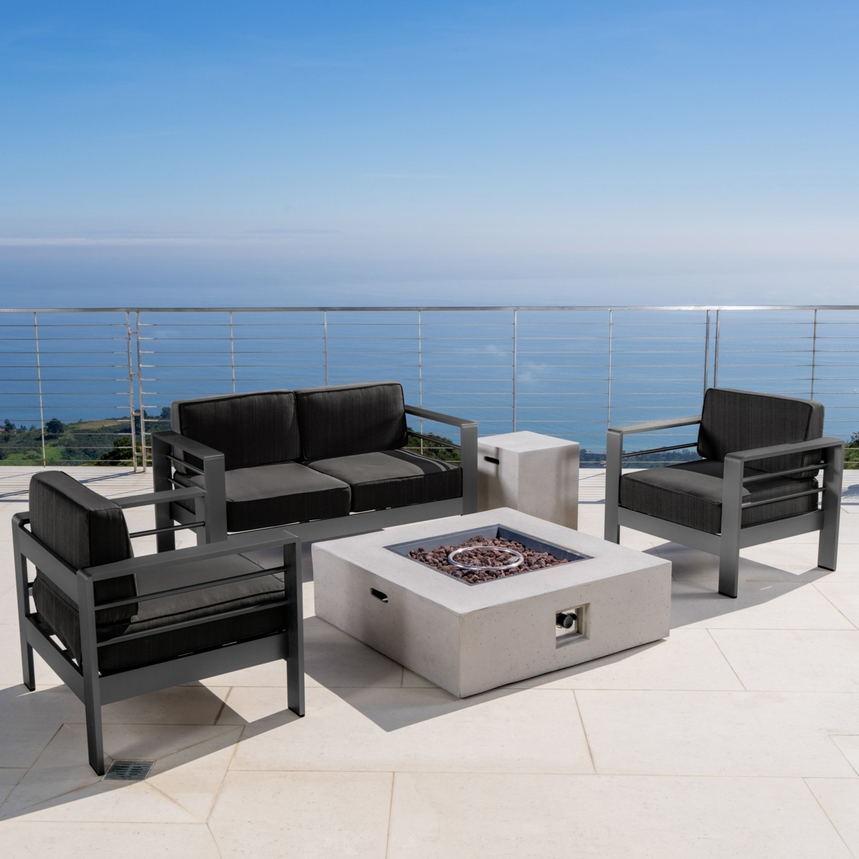 Coral Bay Outdoor Grey Aluminum 5Pc Sofa Set W/ Square Fire Table - Light Grey