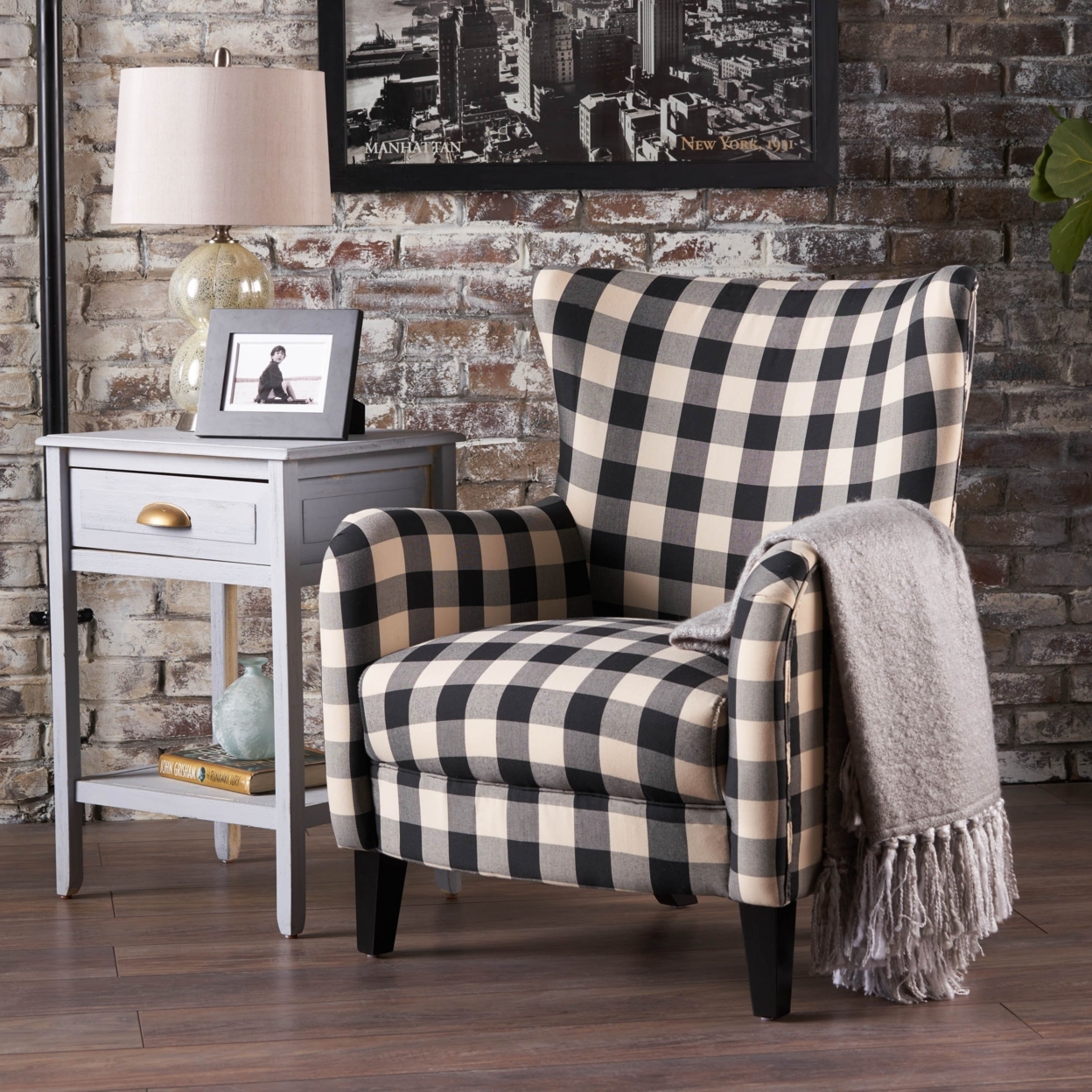 Arador Black & White Plaid Fabric Club Chair