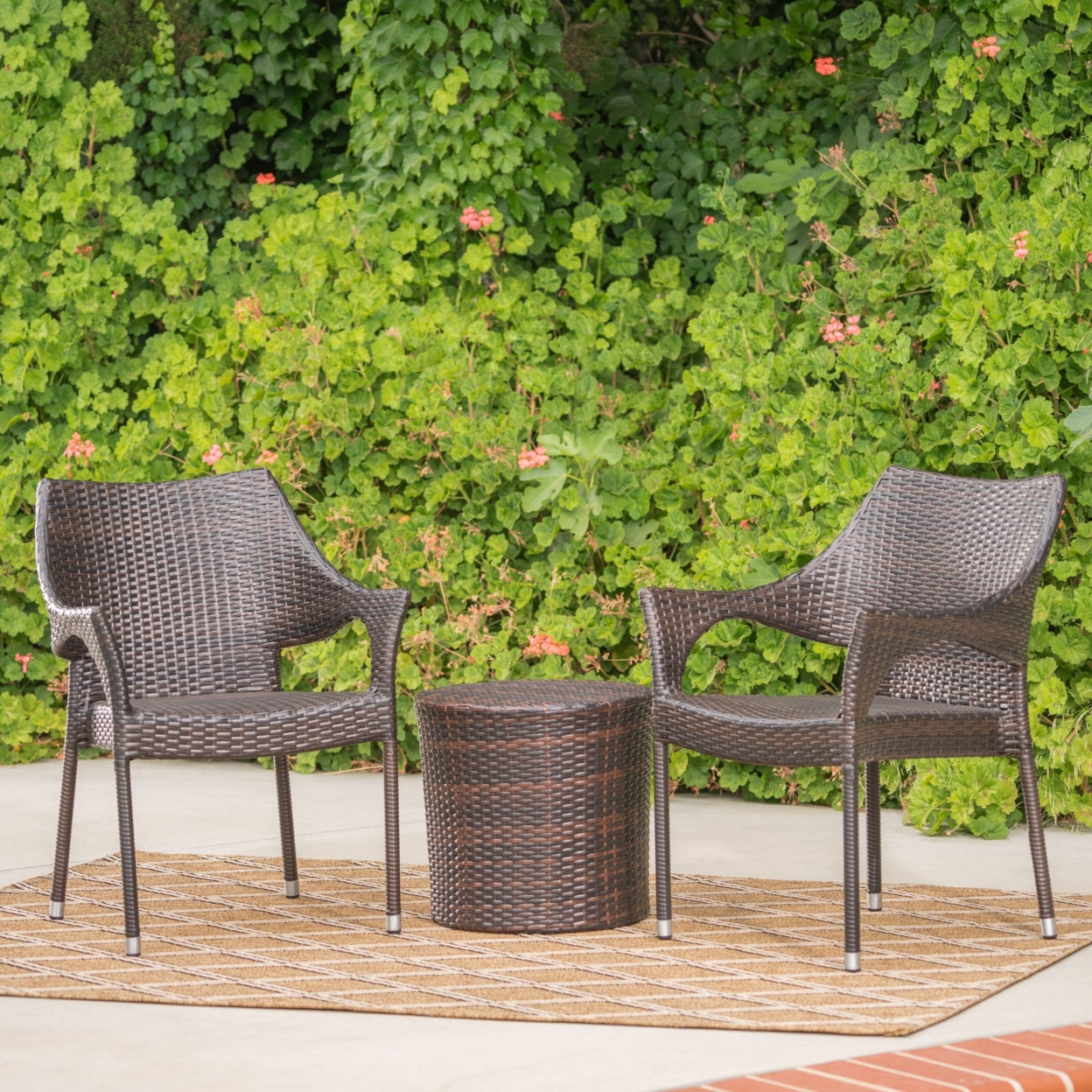 Alfheimr Outdoor 3 Piece Multi-brown Wicker Stacking Chair Chat Set - Cylindrical Table