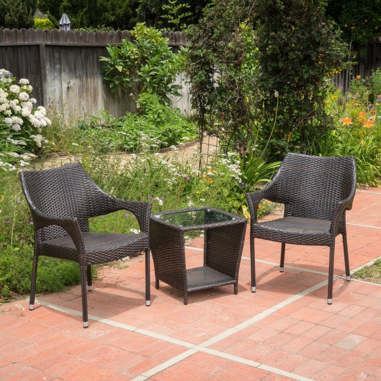 Alfheimr Outdoor 3 Piece Multi-brown Wicker Stacking Chair Chat Set - Box Table