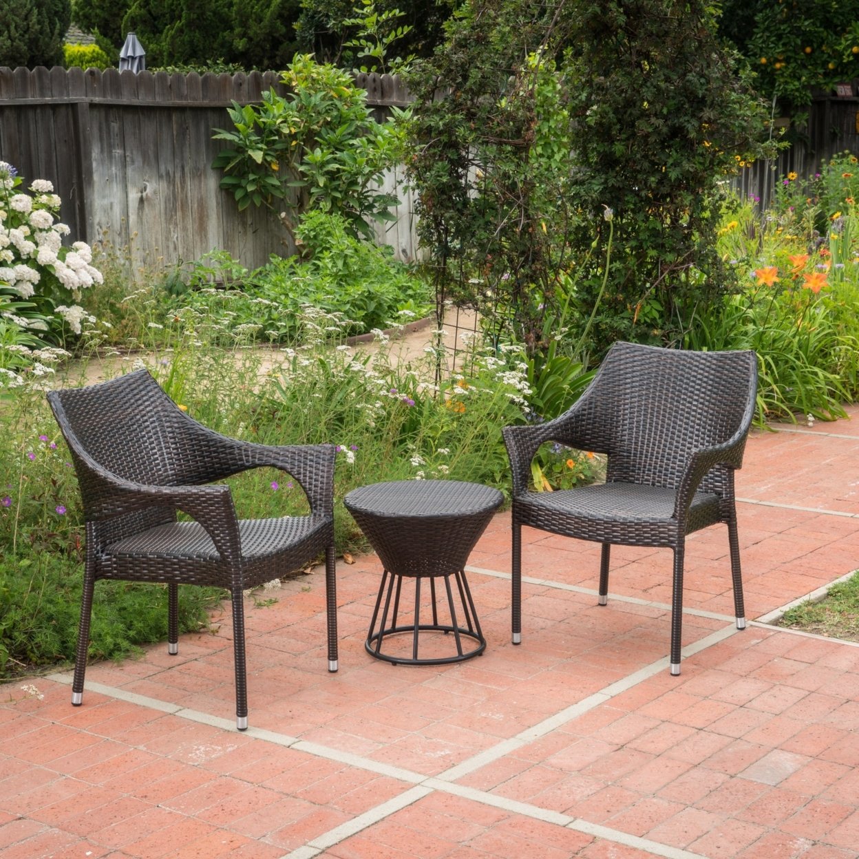 Alfheimr Outdoor 3 Piece Multi-brown Wicker Stacking Chair Chat Set - Framed Hour Glass Table