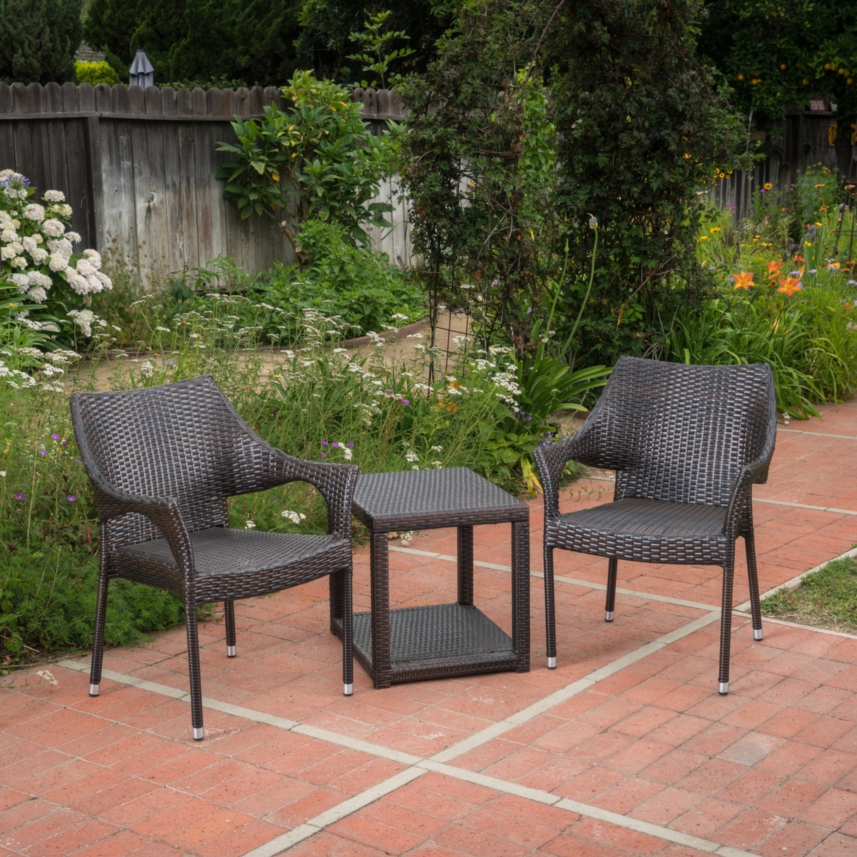 Alfheimr Outdoor 3 Piece Multi-brown Wicker Stacking Chair Chat Set - Box Table
