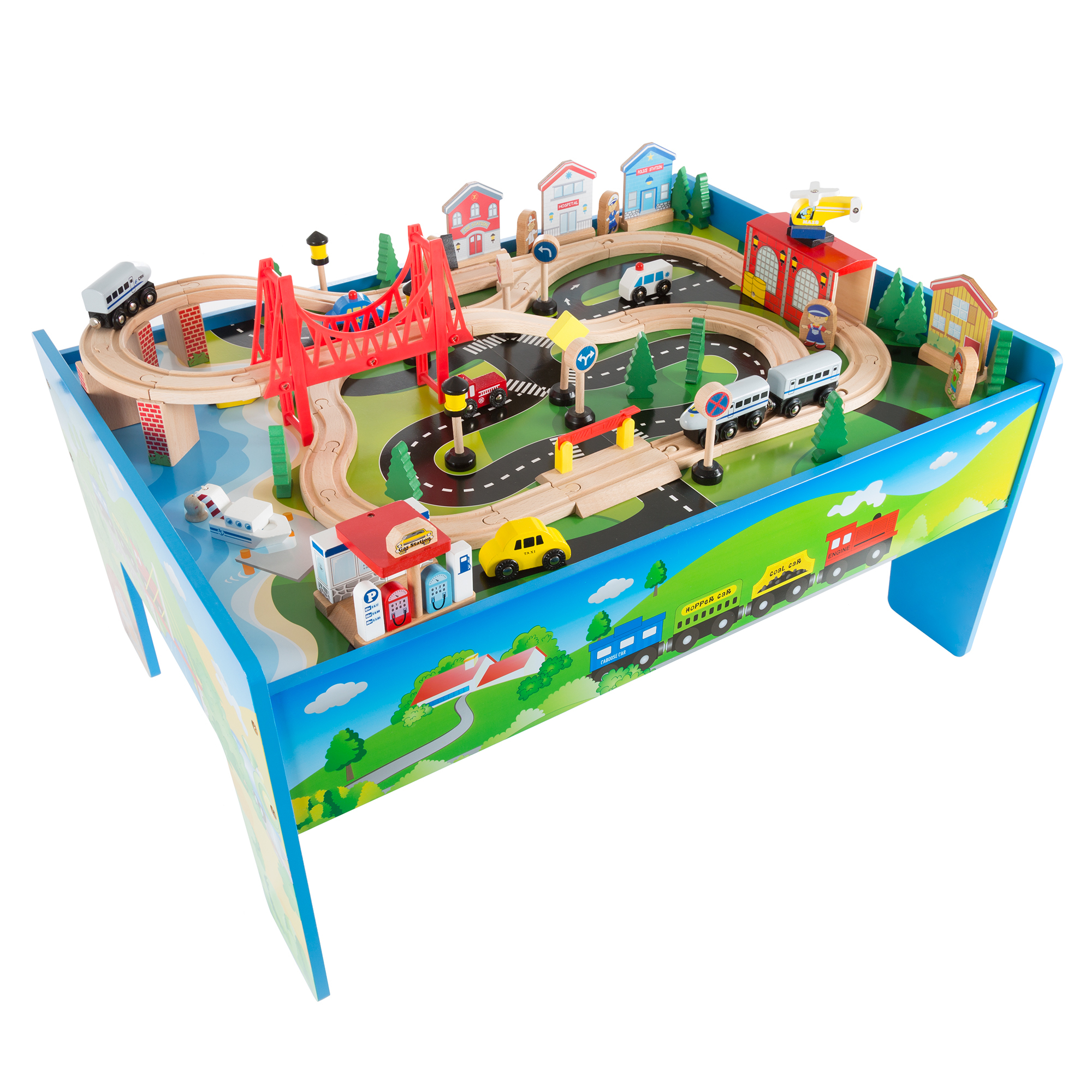 Kids Toys Play 75 Pc Train Set Wooden Table 32 X 23 X 15 Road And Water Scene Toddlers Boys Girls No Batteries