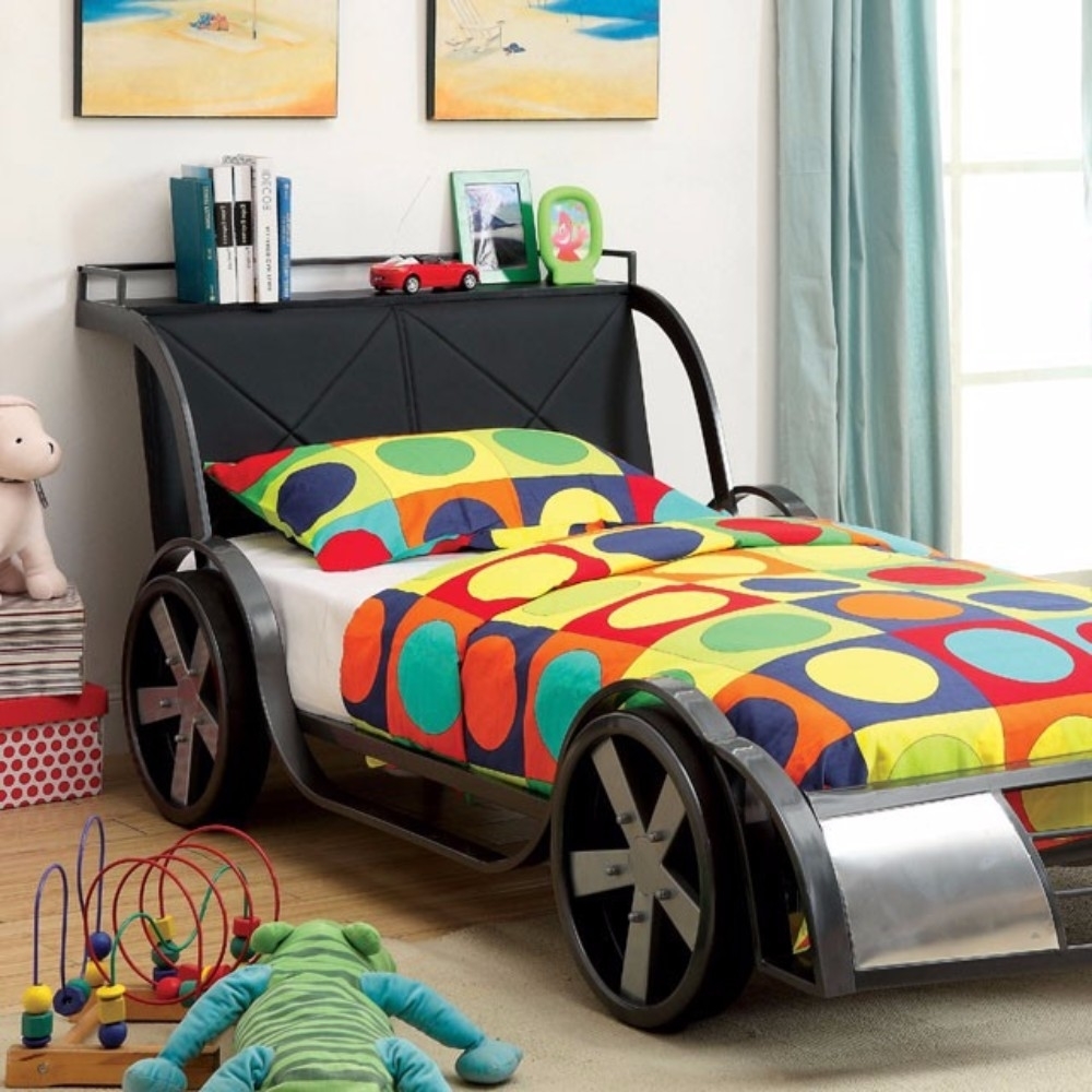 GT Racer Metal Twin Size Bed, Silver And Black- Saltoro Sherpi