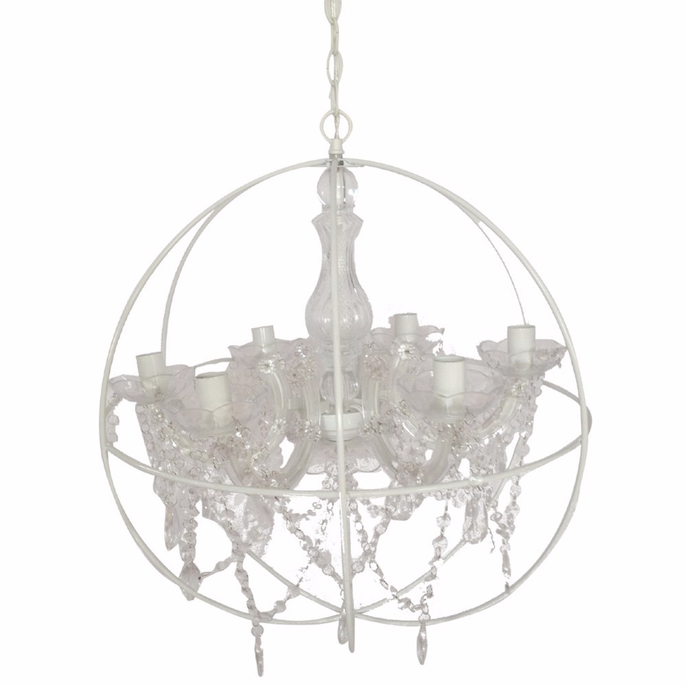 Round Cage Styled Metal Chandelier With Crystal Hangings, White And Clear- Saltoro Sherpi