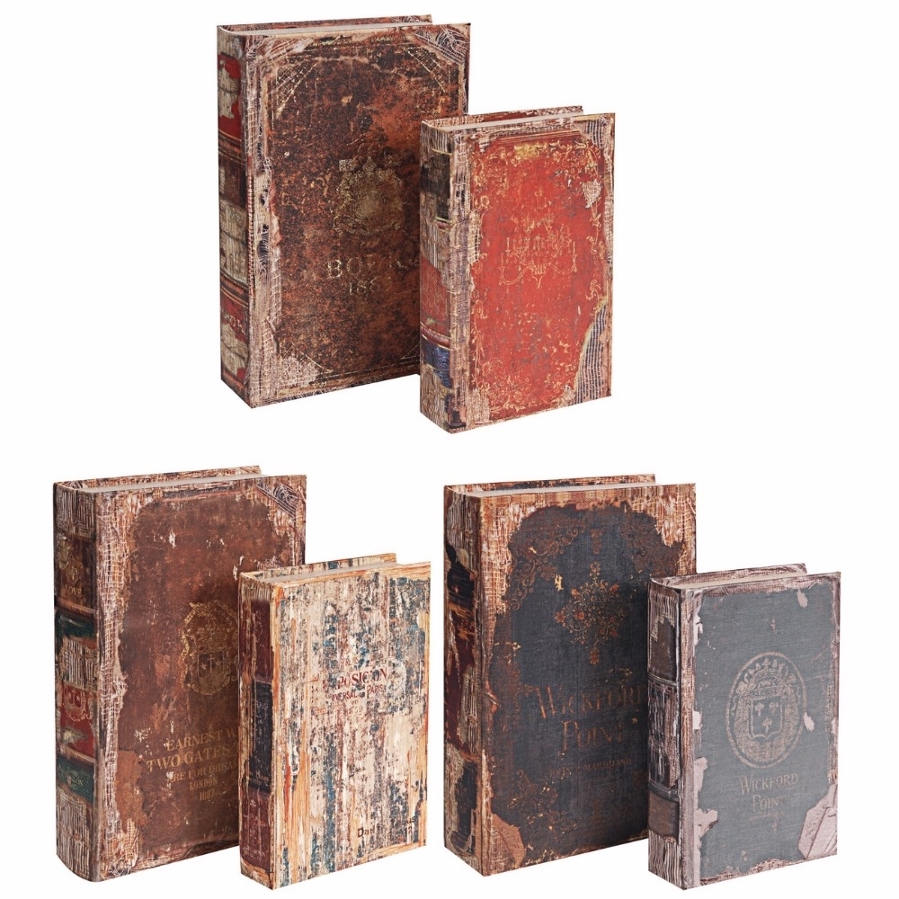 Set Of 6 Antique Distressed Book Boxes, Multicolor, 3 Assortment- Saltoro Sherpi
