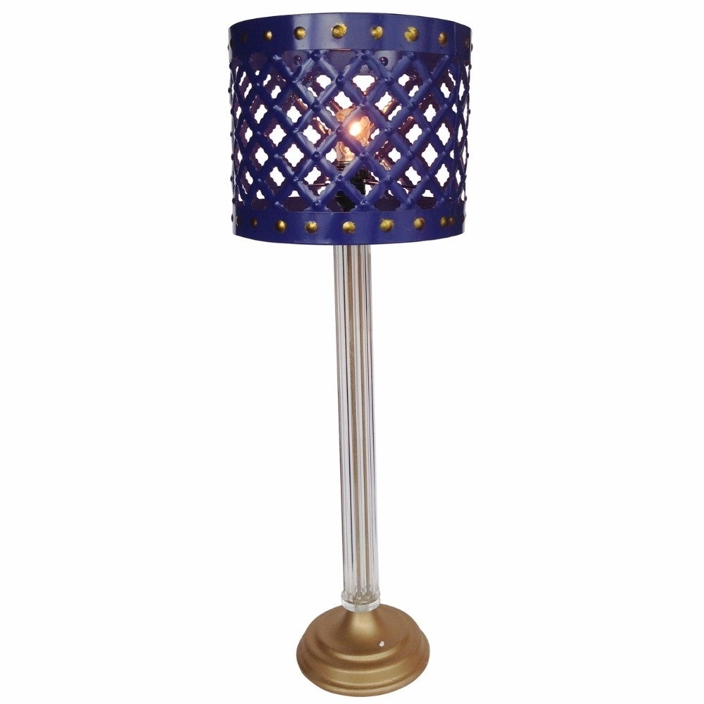 Metal Table Lamp With Cutout Patterned Drum Shade, Blue- Saltoro Sherpi