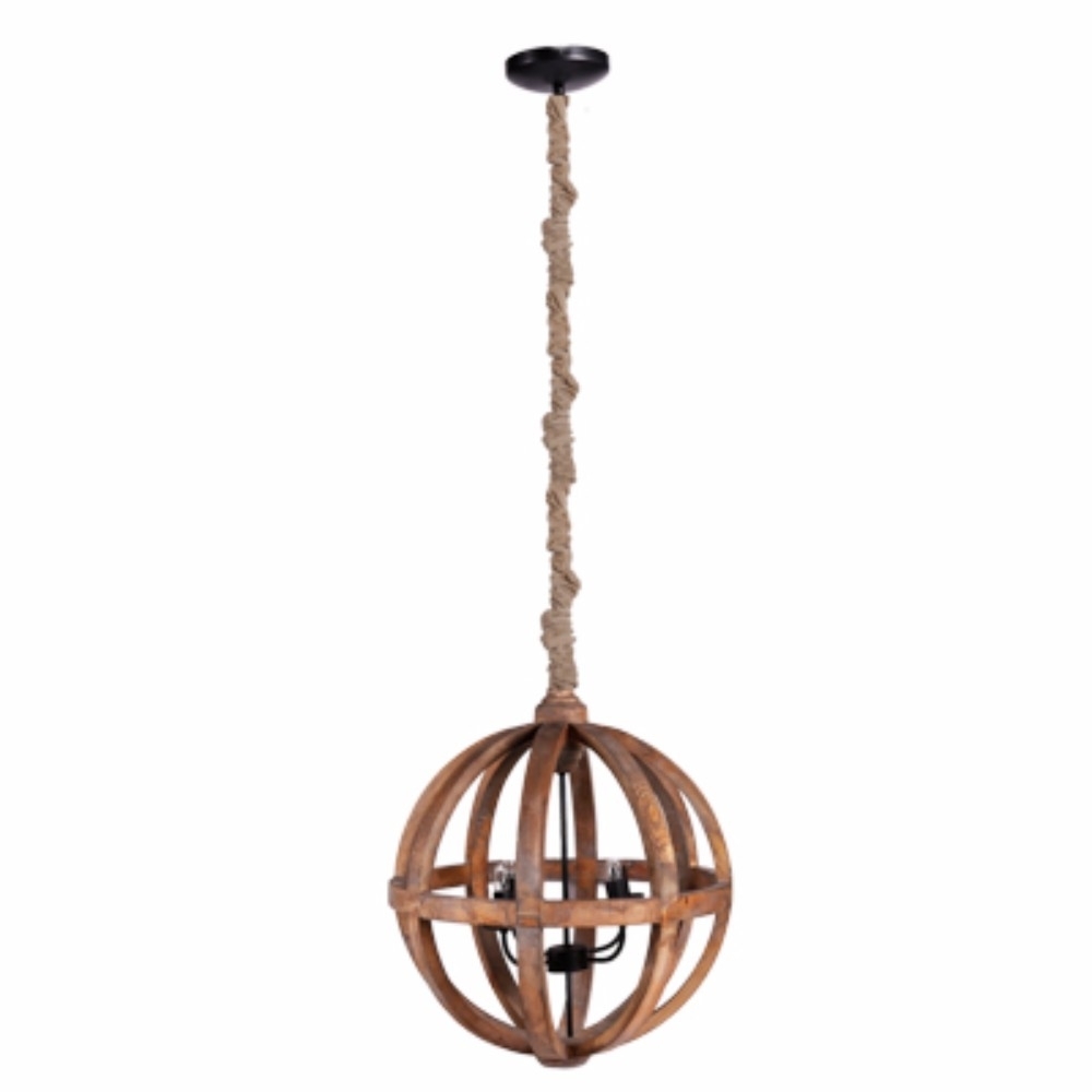 Wood Cutout Sphere Chandelier With Rope Hanger, Brown- Saltoro Sherpi