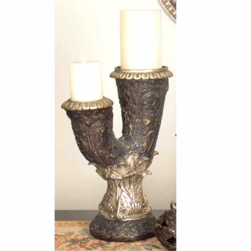 Traditional Style Artistic Resin Candlestick Holder, Gold And Bronze- Saltoro Sherpi