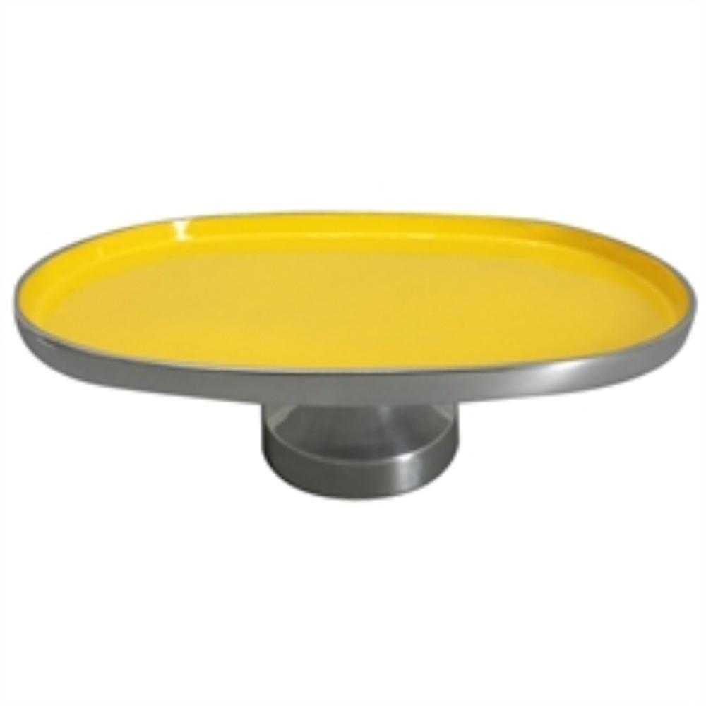 Oval Shaped Aluminum Footed Platter, Yellow- Saltoro Sherpi