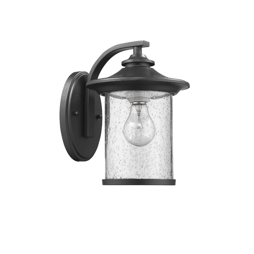 11 Inch Metal Wall Sconce with Seeded Cylindrical Glass Shade, Black