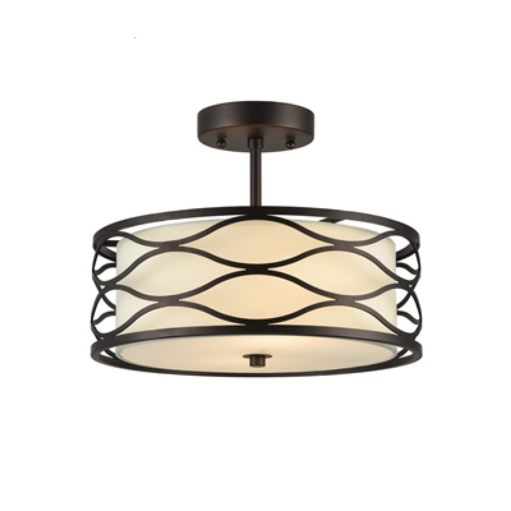 13 Inches Fabric Wrapped Ceiling Fixture with Scrolled Metal Frame, Bronze